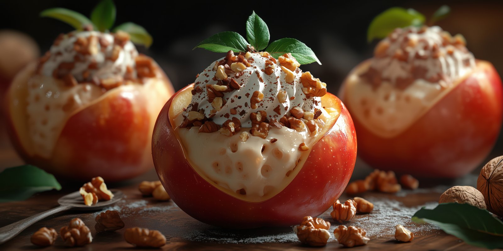 Deliciously crafted baked apples filled with creamy dessert and topped with nuts showcased on a wooden surface